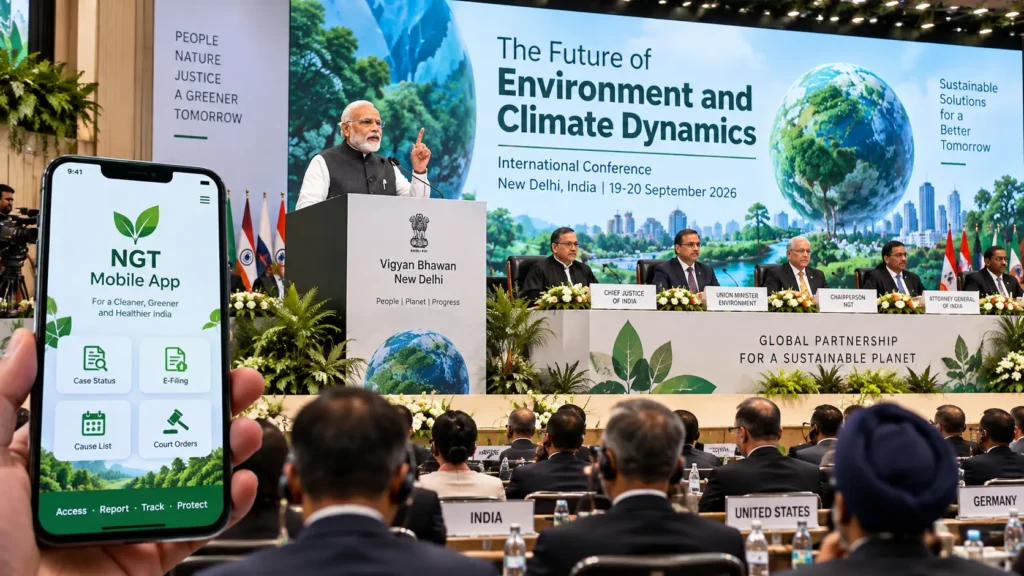 PM Modi inaugurating The Future of Environment and Climate Dynamics conference at Vigyan Bhawan New Delhi with NGT Mobile App launch"