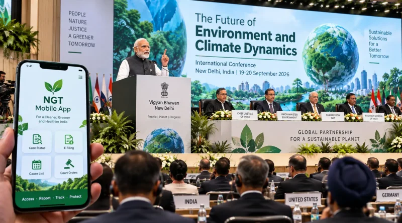 PM Modi inaugurating The Future of Environment and Climate Dynamics conference at Vigyan Bhawan New Delhi with NGT Mobile App launch"