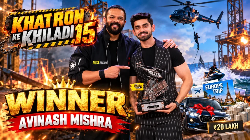 Khatron Ke Khiladi 15 winner Avinash Mishra with Rohit Shetty holding the trophy